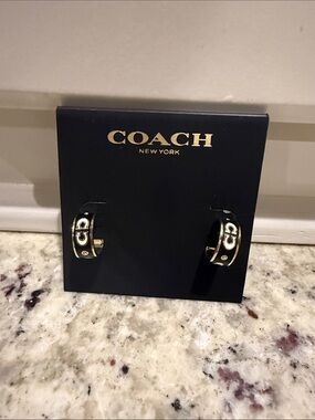 Coach Gold Logo Hoop Earrings in Black Enamel